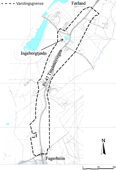 Kartet viser vegområdet som skal reguleres ved fylkesveg 47 fra Fagerheim til Førland i Haugesund kommune.  - Klikk for stort bilde