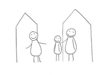 Tegning av to voksne og et barn som smiler - Klikk for stort bilde