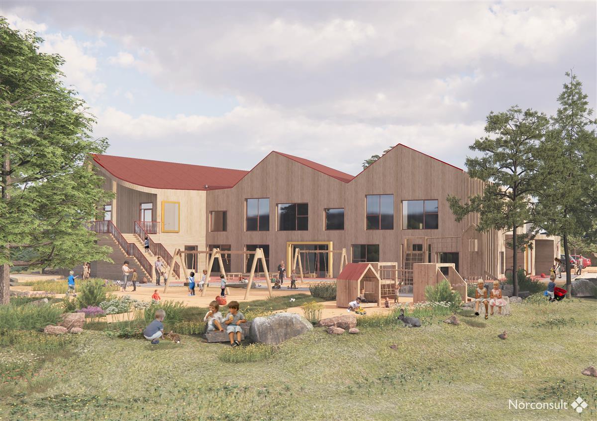 Tegning av den nye sentrumsnære barnehagen se ut når den er klar i 2025.  - Klikk for stort bilde